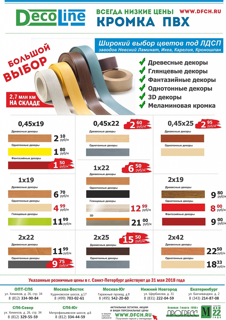 КРОМКА ПВХ Decoline-  снижена цена  до 30.06.2018